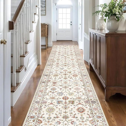 Washable Hallway Runner Rug 2.5x12ft - Long Non-Slip Cream Colorful Boho Runner Rug Low Pile Soft Vintage Bohemian Floral Runners for Hallways Kitchen Living Room Indoor Entryway Bedroom Foyer