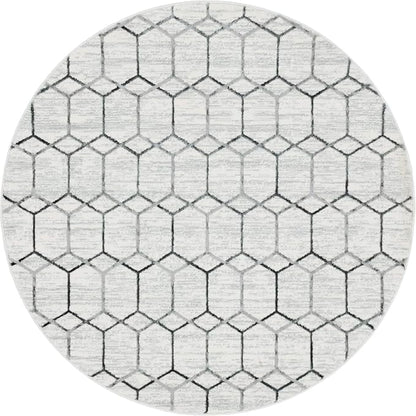 Rugs.com Lattice Trellis Collection Rug – 5 Ft Round White Low-Pile Rug Perfect for Kitchens, Dining Rooms