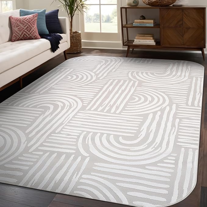 Beverly Rug Modern Geometric Area Rug 6x9 Low-High Pile Durable Soft Abstract Curved Indoor Rugs for Living Dining Room Office Stain Resistant Non Shedding Casual Indoor Carpet Beige White 6 x 9