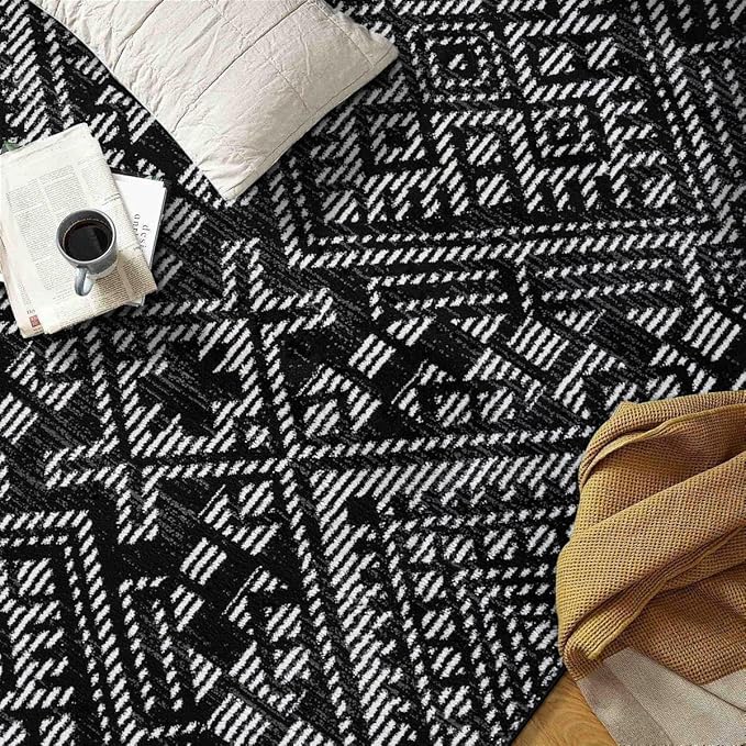 Rugshop Boho Black Tribal Area Rug Modern Indoor Carpet for Living Room, Bedroom, or Entryway – Non-Shedding, Low Pile Geometric Design 4' x 6'
