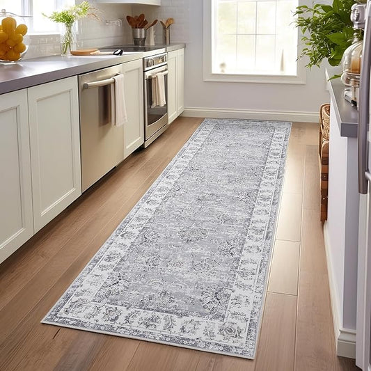 jinchan Fiora Hallway Runner Rug 3x10 Machine Washable Runner Rug Grey Vintage Floral Design Non-Slip Low Pile Ultra-Thin for Kitchen Laundry Room Bedroom Farmhouse (3‘x10', Grey)