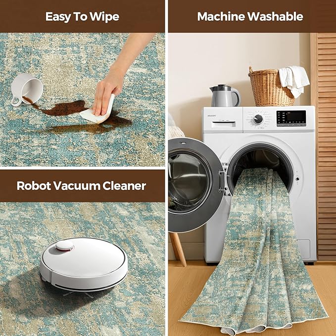 WITSHOCK Living Room Area Rugs 6x9：Modern Abstract Machine Washable Large Rug for Bedroom Dining Room Non-Slip Stain Resistant Home Office Decor,Teal Brown
