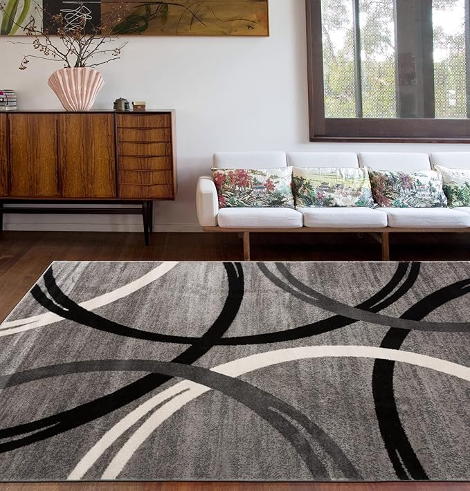 Rugshop Wavy Circles Design Area Rug, Fade-Resistant Carpet for Kitchen, Entryway, or Office, Gray, 3'3" x 5'