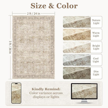 Beige Entryway Rug Indoor, 2x3 Small Door Rugs for Entry Way/Kitchen/Bathroom, Washable Non Slip Low Pile Thin Door Mat Indoor Entrance, Vintage Neutral Earth Tone Rug with Decorative Fringe