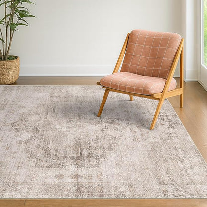 Washable 4x6 Rug for Small Living Room, Area Rug for Kitchen, Bedside, Large Entryway Indoor - Stain Resistant Non Slip with Rubber Backing, Unique Floral Aethestic Décor, Light Brown & Beige