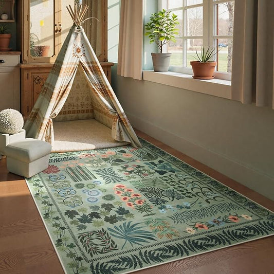 Floral Boho 3x5 Sage Green Bathroom Rugs, Washable Botanical Area Rugs for Entryway Bedroom, Non Slip Kitchen Floor Mat Indoor Throw Carpet for Laundry Living Room (Green,3 x 5)