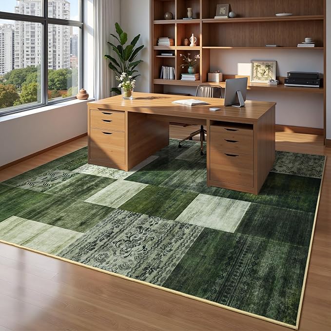 DweIke Washable Area Rugs for Living Room, 5x7 Soft Bedroom Rugs, Geometric Print Non-Slip Modern Rug, Stain Resistant Throw Carpets for Office Nursery Dining Room Home Dorm Decor, Green