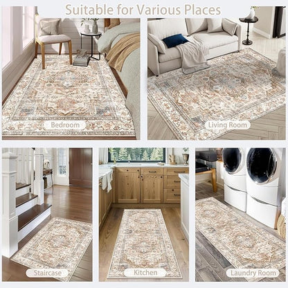 Enkor Runner Rugs for Hallway, 2x6 Washable Soft Non Slip Floor Rugs for Kitchen, Modern Mat for Living Room Bedroom Entryway Beige & Brown