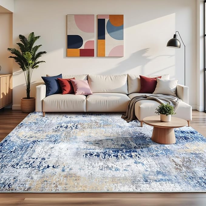 Washable Abstract Rug, 6x9 Modern Area Rugs with Non-Slip Rubber Backed for Living Room, Thin but Soft Contemporary Carpet Kitchen Bedroom Dining Room Decor, Midnight Blue