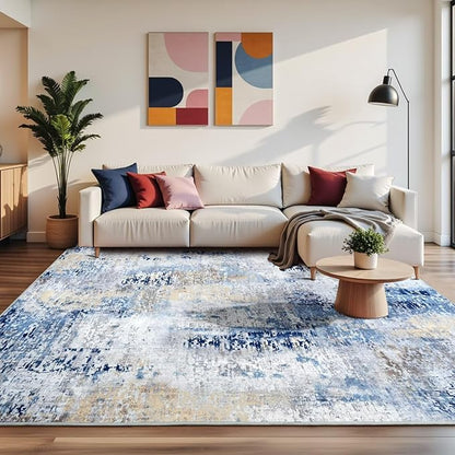 Washable Abstract Rug, 5x7 Modern Area Rugs with Non-Slip Rubber Backed for Living Room, Thin but Soft Contemporary Carpet Kitchen Bedroom Dining Room Decor, Midnight Blue