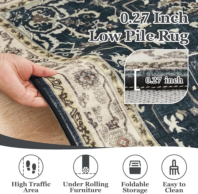 Washable Throw Rugs for Entryway, 4x6 Dark Rug with Rubber Backing for Living Room Bedroom, Vintage Medallion Distressed Area Rug for Kitchen/Bathroom/Dorm/Home Office, Midnight/Multi