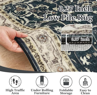 Washable Throw Rugs for Entryway, 4x6 Dark Rug with Rubber Backing for Living Room Bedroom, Vintage Medallion Distressed Area Rug for Kitchen/Bathroom/Dorm/Home Office, Midnight/Multi