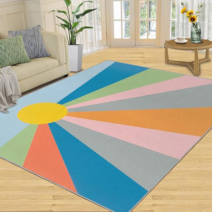 Boho Sun Area Rugs 3x4ft, Abstraction Deco Kids Bedroom Rug, Minimalist Sunburst Bedside Rug Durable Non Slip for Cafe Living Room Under Table Boys Room Decor