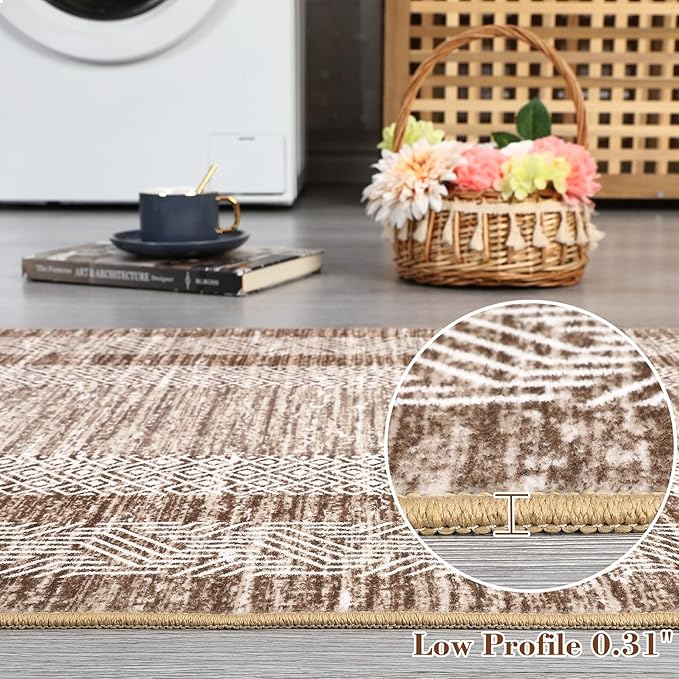 GarveeHome Modern Geometric Area Rug 2x3 Distressed Bordered Washable Non Slip Floor Small Carpet Non Shedding Thin Soft Low Pile Rug, Contemporary Brown Rug for Dining Room, Living Room