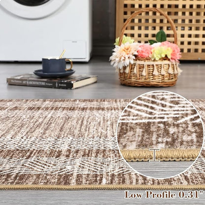 GarveeHome Modern Geometric Area Rug 2x3 Distressed Bordered Washable Non Slip Floor Small Carpet Non Shedding Thin Soft Low Pile Rug, Contemporary Brown Rug for Dining Room, Living Room