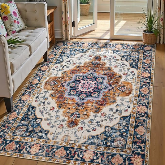 Ciicool 3x5 Area Rug, Washable Boho Rugs for Bedroom Non-Slip Indoor Rugs Large Low-Pile Mat Floor Carpet Vintage Rug for Kitchen Living Room Office Dinning Foyer Decor