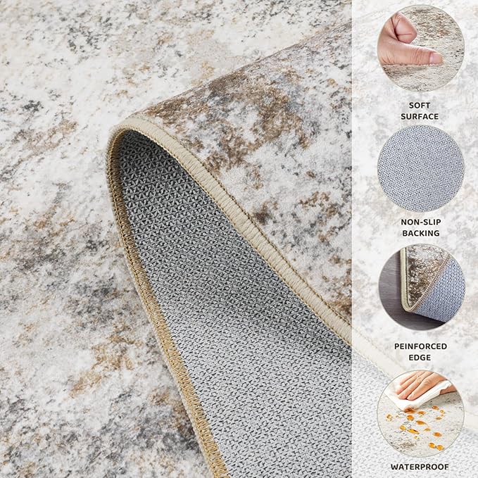 10x12 Area Rug Living Room Rugs - Washable Neutral Modern Abstract Soft Thin Large Rug Indoor Floor No Slip Rug Carpet for Bedroom Under Dining Table Home Office Decor - Brown Grey
