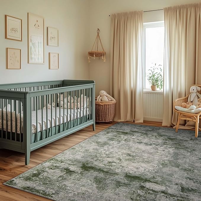 jinchan Green 4x6 Area Rugs - Machine Washable Vintage Floral Distressed Design Soft Ultra-Thin Low-Pile Non-Slip Carpet for Bedroom Living Room Dining Room Nursery (4x6ft, Forest Green)