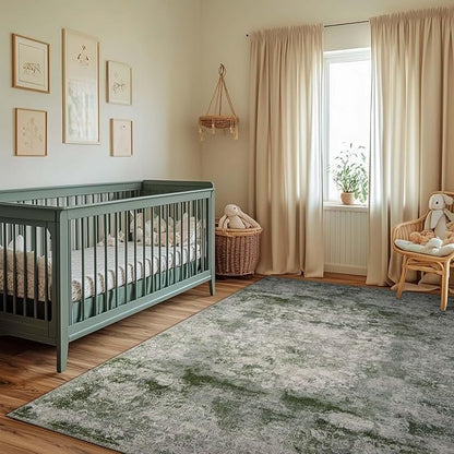 jinchan Green 4x6 Area Rugs - Machine Washable Vintage Floral Distressed Design Soft Ultra-Thin Low-Pile Non-Slip Carpet for Bedroom Living Room Dining Room Nursery (4x6ft, Forest Green)