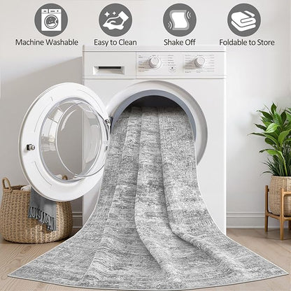Grey Rug 8x10 Area Rugs: Washable Boho Large Vintage Neutral Soft Rug Stain Resistant Farmhouse Non-Slip Indoor Floor Carpet for Living Room Bedroom Playroom Office Dining Room Apartment Dorm