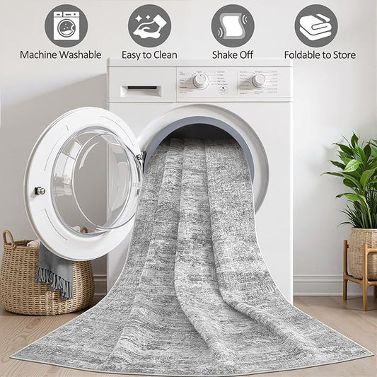 Grey Rug 8x10 Area Rugs: Washable Boho Large Vintage Neutral Soft Rug Stain Resistant Farmhouse Non-Slip Indoor Floor Carpet for Living Room Bedroom Playroom Office Dining Room Apartment Dorm