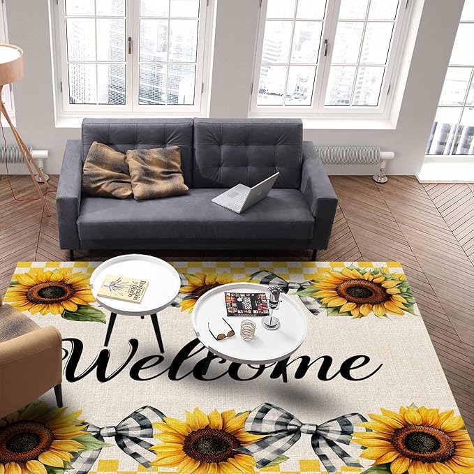 Summer Sunflowers Rectangular Welcome Area Rugs for Living Room Bedroom 2.8 x 5 ft Bow Tie Plaids Non-Shedding Soft Low Pile Rug Rustic Linen Non Slip Washable Rug for Nursery Entryway Playroom