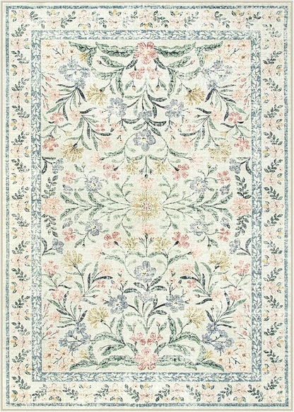 Lahome Boho Rugs for Living Room 5x7, Machine Washable Area Rugs Non-Slip, Vintage Floral Soft Kids Bedroom Carpet Rug for Home Girls Playroom Foyer Entryway, Beige/Multi