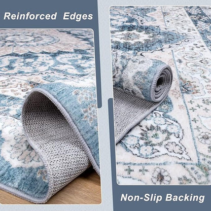 6x9 Area Rug for Bedroom, Machine Washable Rugs with Non-Slip Backing for Living Room, Large Vintage Carpet Kitchen Laundry Kids Room Decor, Blue & Beige