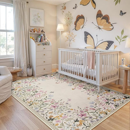Wonnitar Washable Boho Floral 9x12 Rugs for Bedroom, Non-Slip Living Room Area Rug, Cute Nursery Large Botanical Area Rug, Soft Floor Carpet for Playroom Closet (Beige,9'x12')