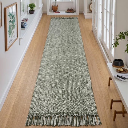 Collive Long Carpet Runners for Hallway 2x8ft, Washable Low Profile Front Entryway Rug Cotton Hand-Woven Kitchen Rug Runner, Olive Green/Cream Farmhouse Bedroom Rug for Laundry Room Entrance