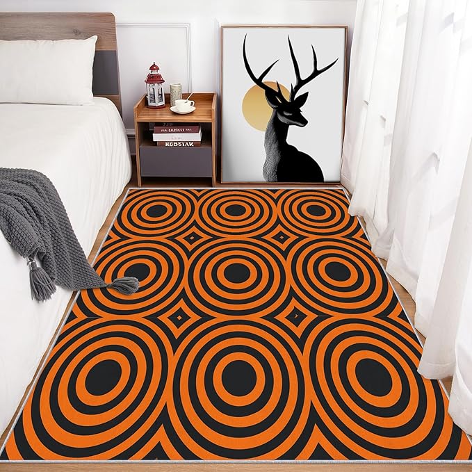 7x9 Geometric Circle Rugs for Bedroom Decor, Washable Retro 60s 70s Geometry Pattern Area Rug, Living Room Home Decoration, Non Slip Soft Thin, Black Orange Decor Carpet PF-P 49