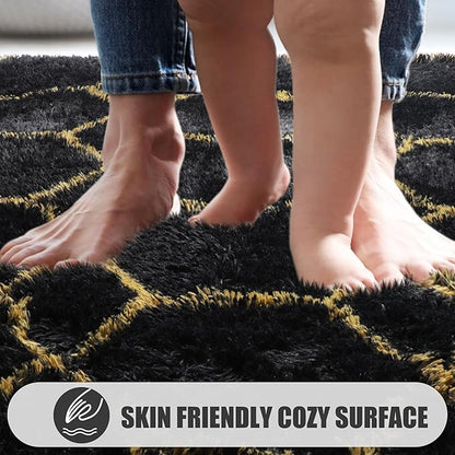 ONASAR Area Rugs for Bedroom Living Room, Washable 4x6 Fluffy Black and Gold Throw Rug, Shaggy Geometric Floor Mat for Home Decor, Soft Plush Carpet for Kids Teen Playroom Dorm Classroom Office