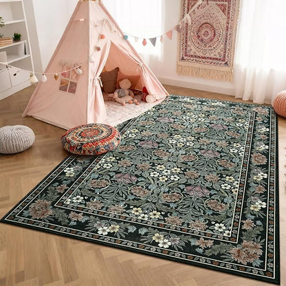 6x9 Black and Green Floral Area Rug for Living Room, Washable Non Slip Rugs for Bedroom Non Slip, Low Pile Large Indoor Accent Carpet for Office, Dining Room, Farmhouse