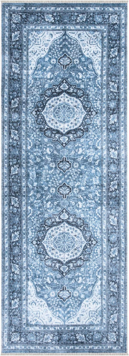 Bloom Rugs Caria Washable Non-Slip 10 ft Runner - Blue Traditional Runner for Entryway, Hallway, Bathroom, and Kitchen - Exact Size: 2'6" x 10'