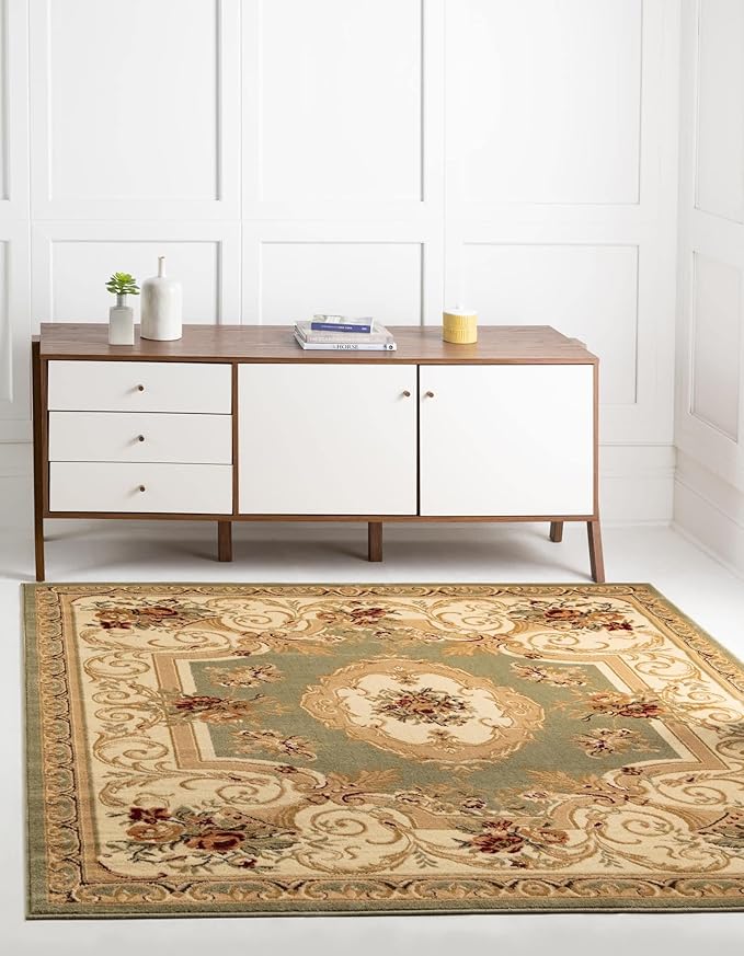 Unique Loom Versailles Collection Traditional Classic Floral Motif Area Rug (5' 0 x 5' 0 Square, Green/Ivory)