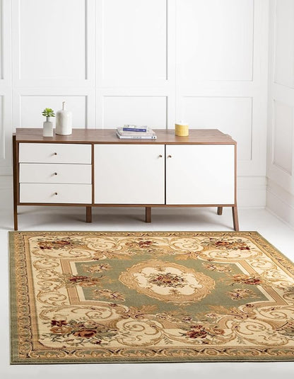 Unique Loom Versailles Collection Traditional Classic Floral Motif Area Rug (5' 0 x 5' 0 Square, Green/Ivory)
