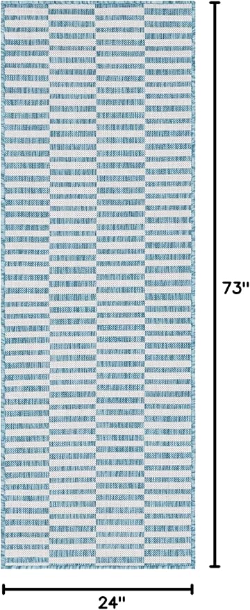 Unique Loom Outdoor Striped Collection Area Rug - Striped (2' x 6' 1" Runner, Light Aqua/Ivory)