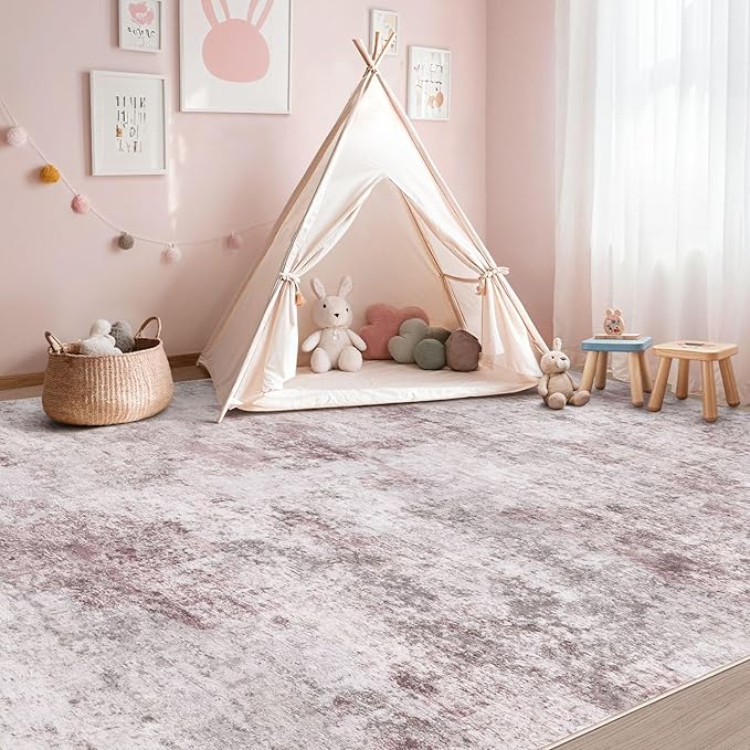 8x10 Area Rug Living Room Rugs - Washable Neutral Modern Abstract Soft Thin Large Rug Indoor Floor No Slip Rug Carpet for Bedroom Under Dining Table Home Office Decor - Pink