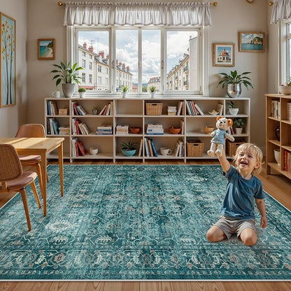 Lahome Vintage 6x9 Washable Blue Rugs for Living Room Bedroom, Soft Dining Room Rugs for Under Table, Non Slip Indoor Throw Carpet for Entryway Kitchen Office (6x9ft,Blue)