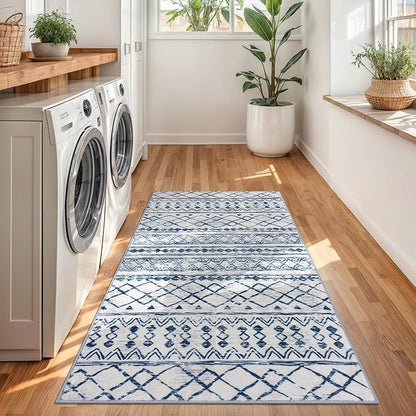 KUTA Vintage Boho Washable Rugs 3x5, Moroccan Non Slip Entryway Rug, Blue White Ultra Soft Print Distressed Geometric Low-Pile Area Rug for Living Room Bedroom Nursery Dorm Decor
