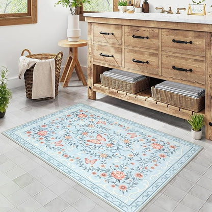 GarveeHome 2x3 Floral Area Rug Non Slip Entryway Mat Low Pile Stain Resistant Butterfly Kitchen Rugs Soft Small Throw Carpet for Dining Room Bedroom Washable Bow Rugs for Living Room Bathroom, 2x3