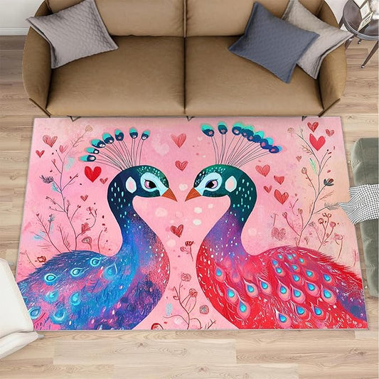 Cartoon Peacock Rug Large - 6x8 Rug, Colorful Peacock Washable Rugs for Living Room, Floral Botanical Carpet, Boho Non-Slip Area Rugs for Bedroom, Peafowl Carpet - Peafowl Home Decor & Gifts