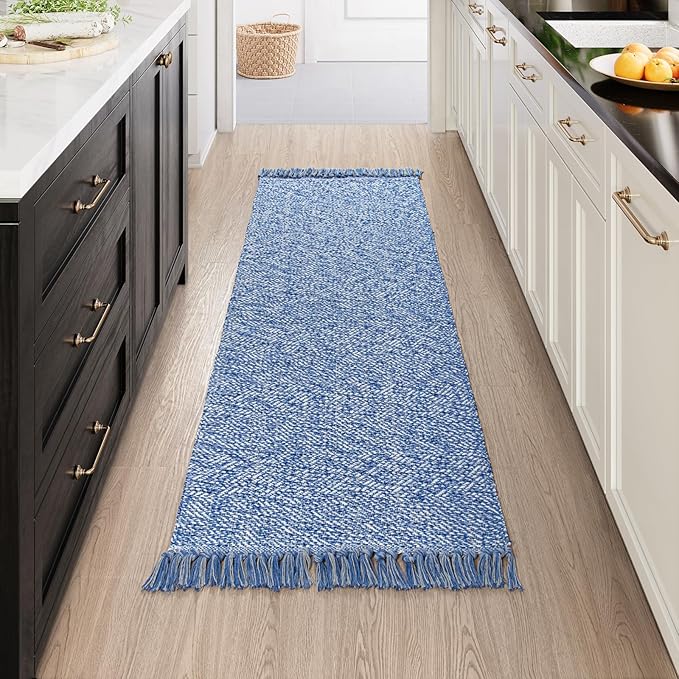 Collive Hallway Runner Rug, 2' x 6' Hand-Woven Reversible Washable Entryway Rug, Blue Cotton Modern Farmhouse Laundry Room Rug Long Carpet for Bathroom Sink Foyer Bedroom