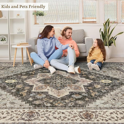 Tangsoo 5x7 Area Rug Washable Rug for Living Room, Vintage Indoor Non Slip Large Area Rugs, Print Distressed Grey Carpet, Soft Low Pile Foldable Floor Rug for Bedroom Dining Room Dorm