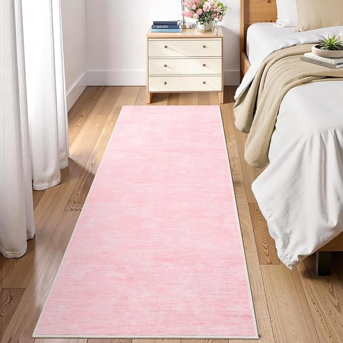 RUGSREAL Modern Runner Rug 2.5x8 Stain Resistant Washable Kitchen Runner Carpet ith Rubber Backing Low Pile Contemporary Solid Color Entryway Mat Ultra Soft Rug for Living Room Bedroom, Pink