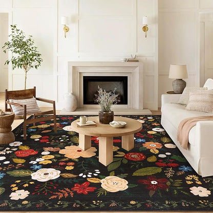 U'Artlines 8x10ft Vintage Floral Area Rug Machine Washable Ultra Soft Low Pile Non Slip Non Shedding Accent Floor Carpet for Living Room, Bedroom, Dining Room, Office (Black Green)