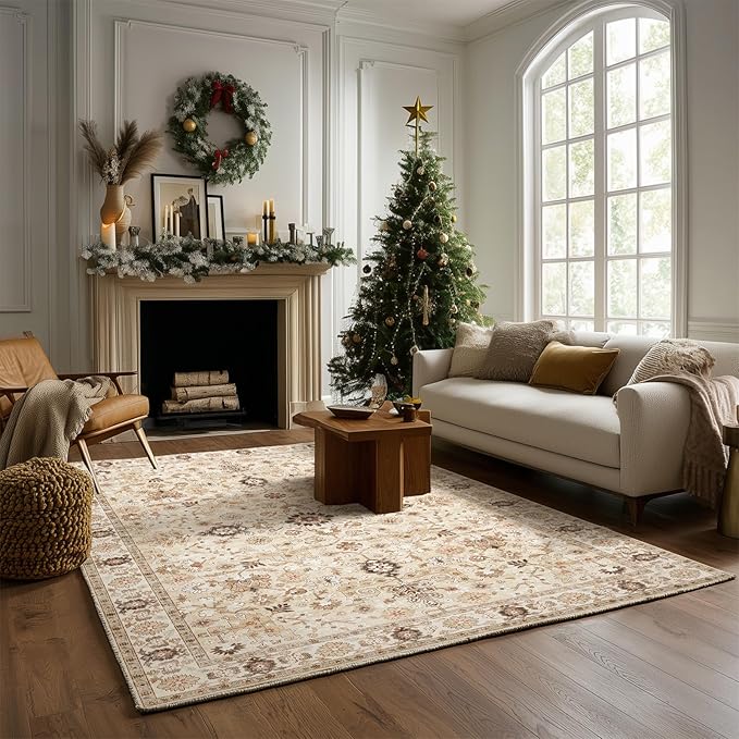 Washable Area Rugs 5'x7' Non-Slip Vintage Boho Distressed Fade Resistant Low Pile Carpet for High-Traffic Living Room, Bedroom & Dining Room