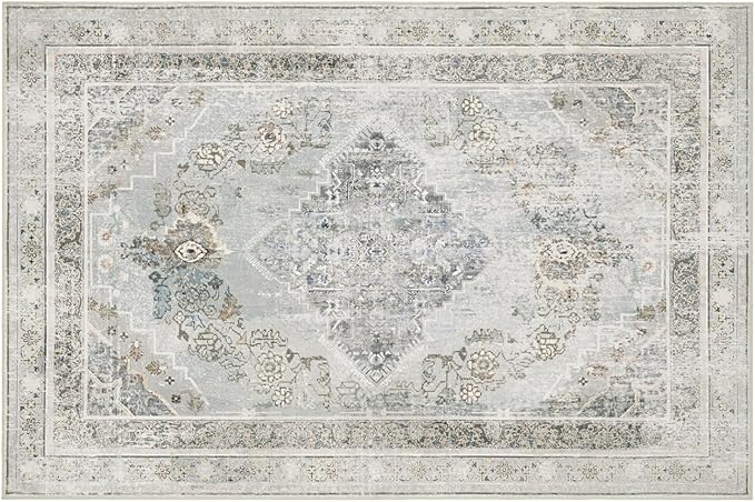 Phantoscope Washable Area Rug 4'x6' Non-Slip, Vintage Neutral Rugs for Living Room, Bedroom, Dining Room, Distressed Boho Medallion Pattern, Low-Pile Foldable Floor Carpet, Silver Grey/Taupe