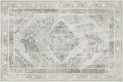 Phantoscope Washable Area Rug 4'x6' Non-Slip, Vintage Neutral Rugs for Living Room, Bedroom, Dining Room, Distressed Boho Medallion Pattern, Low-Pile Foldable Floor Carpet, Silver Grey/Taupe