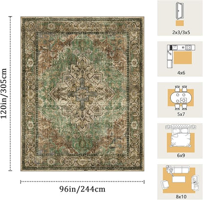 8x10 Machine Washable Area Rug for Living Room, Brown Green Boho Vintage Floral Rug Large Non-Slip Low Pile Soft Faux Wool Carpet, Kids and Pets Friendly for Bedroom Dining Room Farmhouse Decor Rug